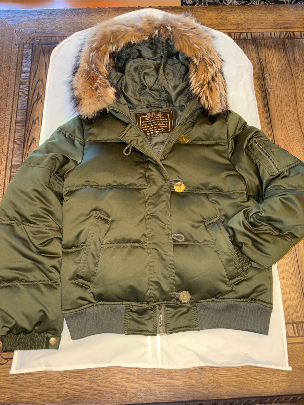 Coach Olive Green Puffer Jacket with Fur Trim